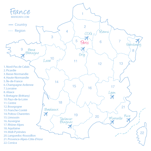 France airports - map of the important French