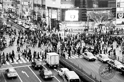 Busy Shibuya crossing, aerial view