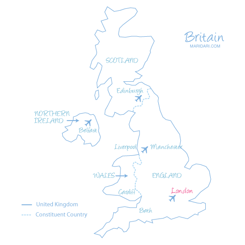 Britain, UK, The United Kingdom Map location of some major airports