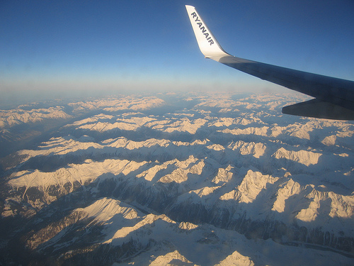 Ryanair plane flying over the Italian Alps, photo by Ben Dalton