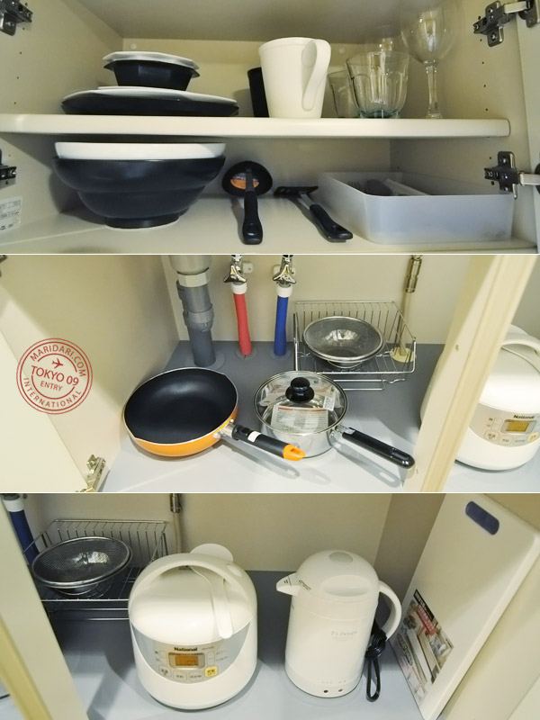 Apartment in Tokyo - B-SITE Akihabara. Showing cooking implements: pots, pans, rice cooker, kettle, etc.